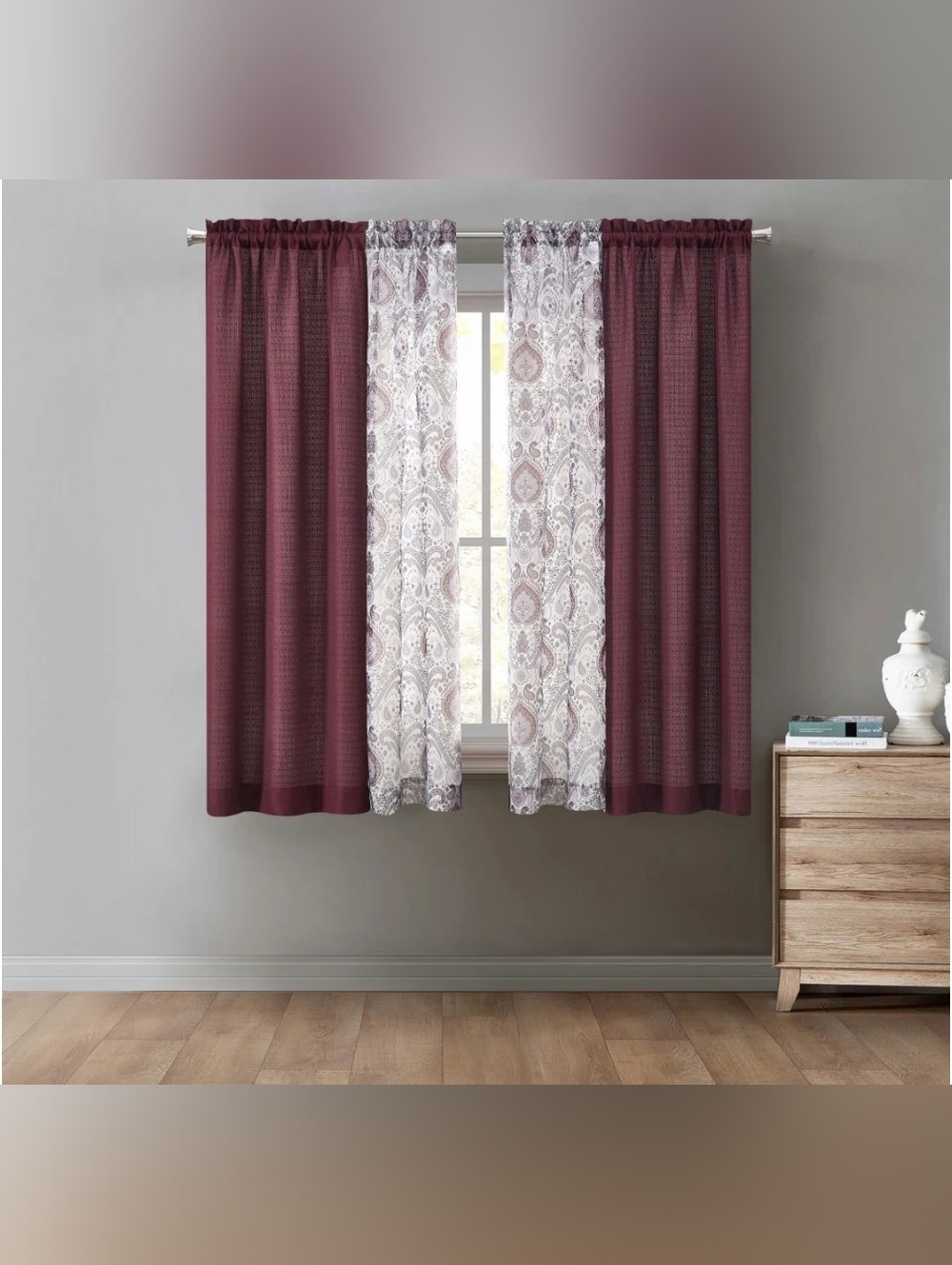 Mainstays Curtain and Sheers Set, 4 Panels, Burgundy, 27.5" W x 63” L
